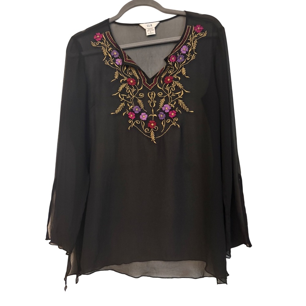 SLB Women Black 100% Silk Embroidered Floral Vintage V-Neck Sheer Tunic Small‎